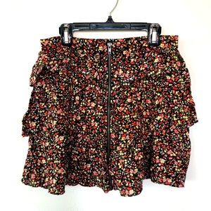 Forever 21 ditsy floral black multicolor tiered ruffle zip front mini skirt M